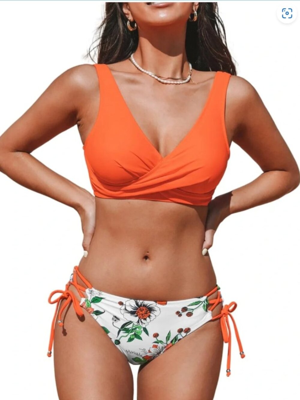 Cupshe Orange V-Neck Wrap Bikini Top with White Floral Side-Tie Bottoms | SZ Med